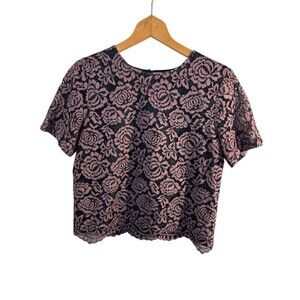 Ann Taylor F Navy Lavender 2 PC skirt  Set Floral Lace Overlay SZ 4 Skirt XS Top